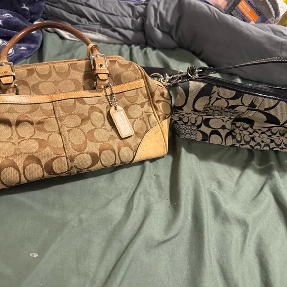 Coach Signature Canvas Satchel and Wristlet Set in Tan and Black Vintage Bundle! - Picture 1 of 8